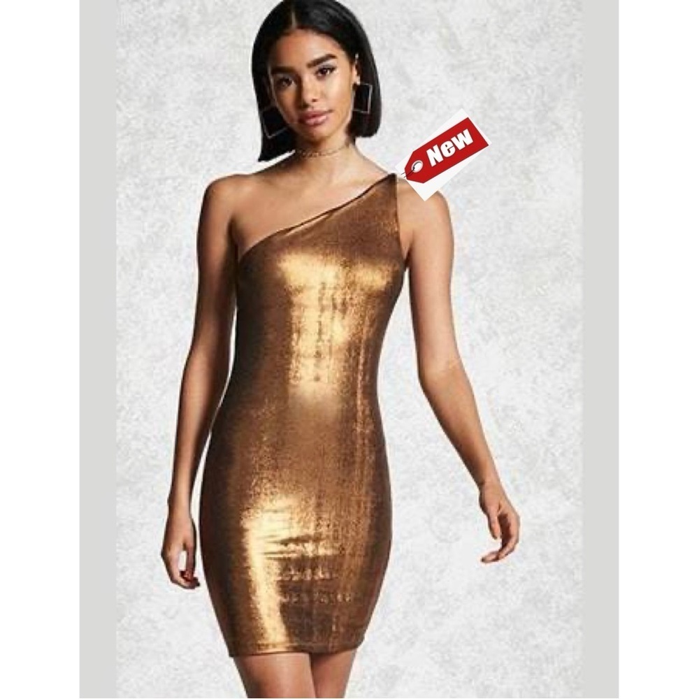 Forever 21 metallic bronze brown one shoulder mini dress bodycon Sz L NWT